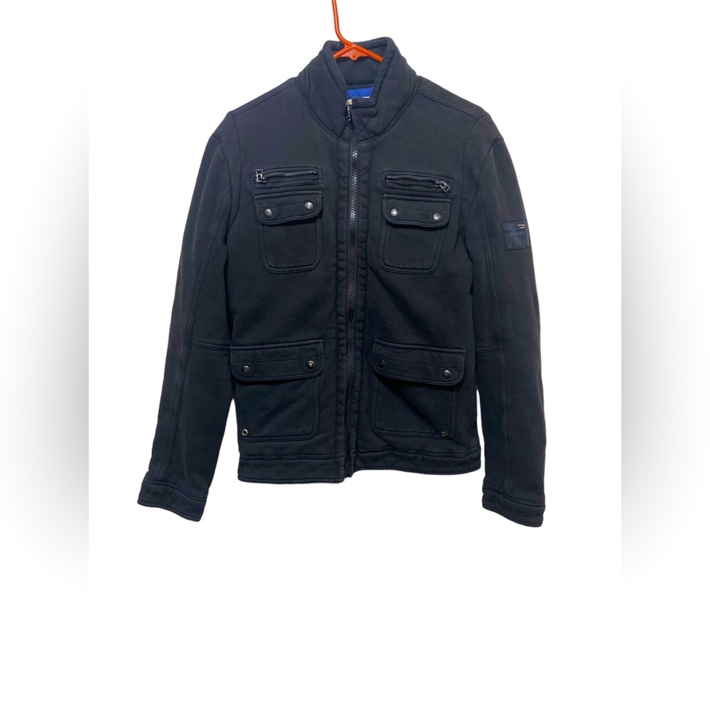 Diesel Men's black military utility zip up jacket front pockets lined Medium